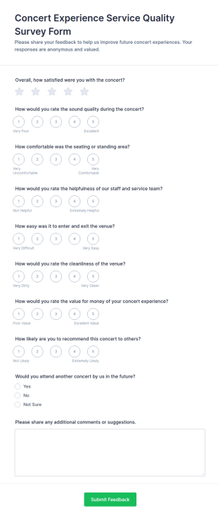 Concert Experience Service Quality Survey Form Template