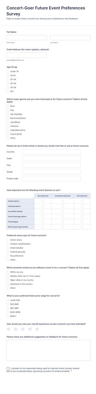 Concert Goer Future Event Preferences Survey Form Template