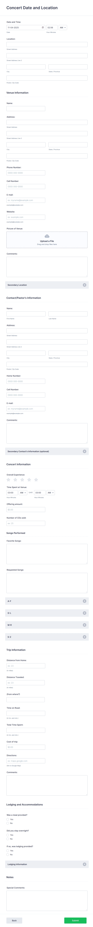 Concert Information Form Template