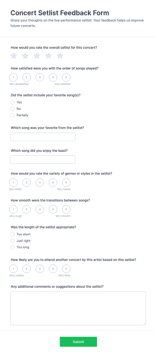 Concert Setlist Feedback Form Template