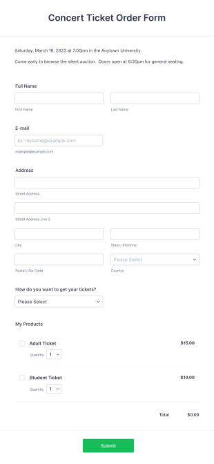 Concert Ticket Order Form Template