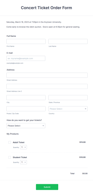 Concert Ticket Order Form Template