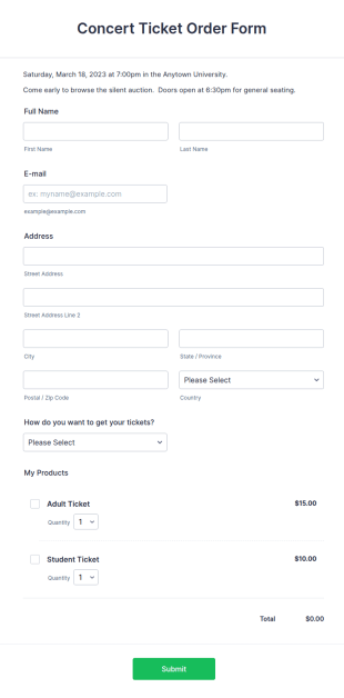 Concert Ticket Order Form Template