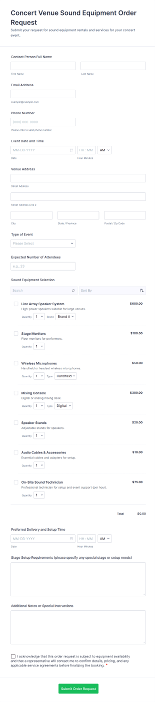Concert Venue Sound Equipment Order Request Form Template