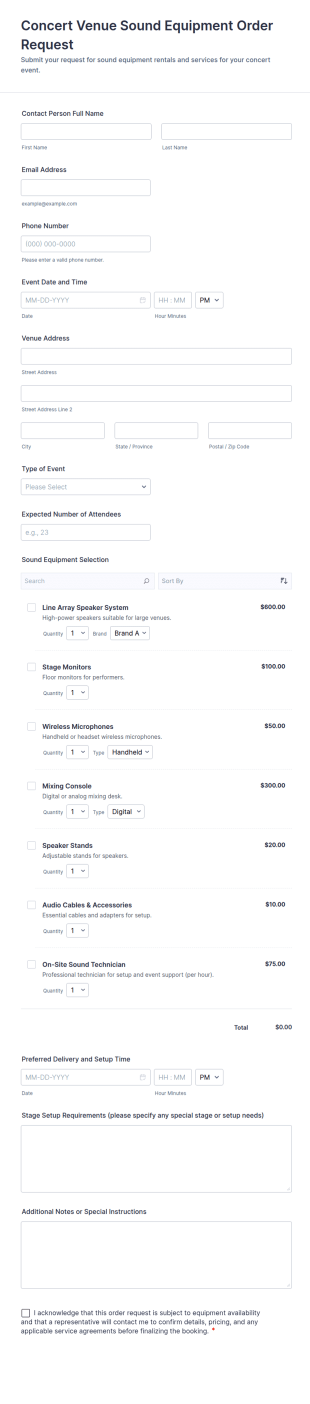 Concert Venue Sound Equipment Order Request Form Template