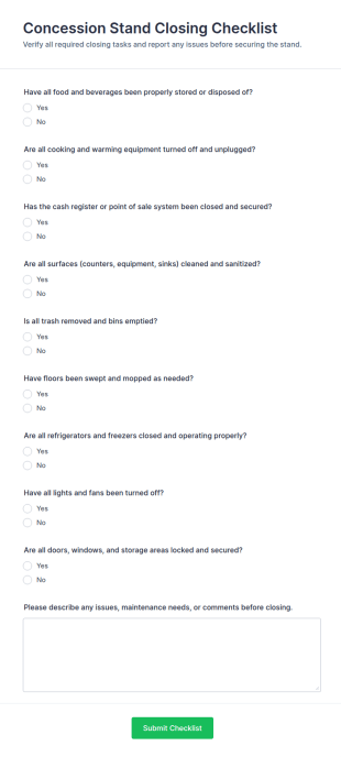 Concession Stand Closing Checklist Form Template