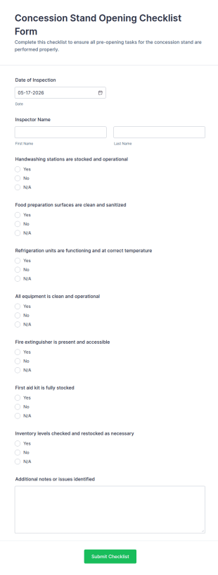 Concession Stand Opening Checklist Form Template