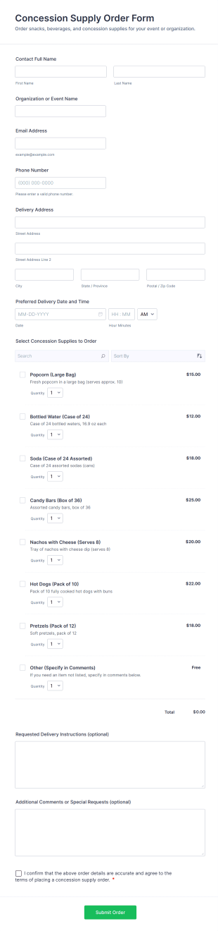 Concession Supply Order Form Template