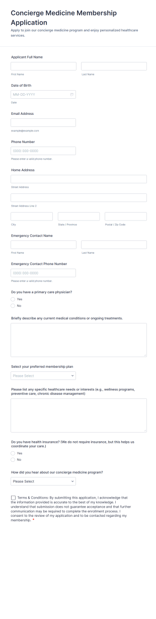 Concierge Medicine Membership Application Form Template