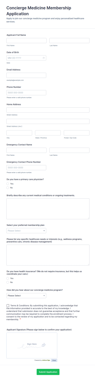 Concierge Medicine Membership Application Form Template