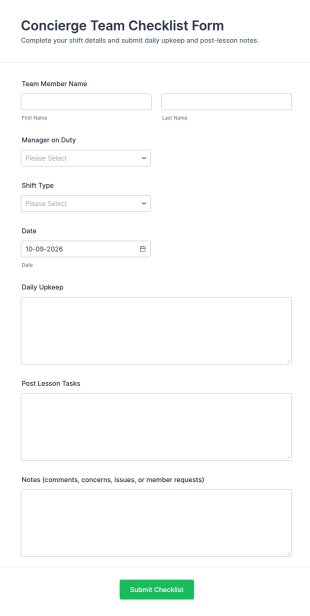 Concierge Team Checklist Form Template