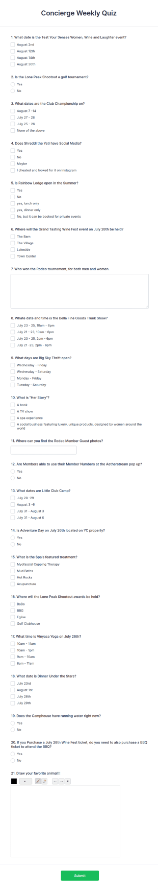 Concierge Weekly Quiz Form Template