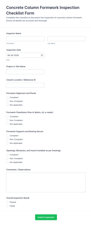 Concrete Column Formwork Inspection Checklist Form Template