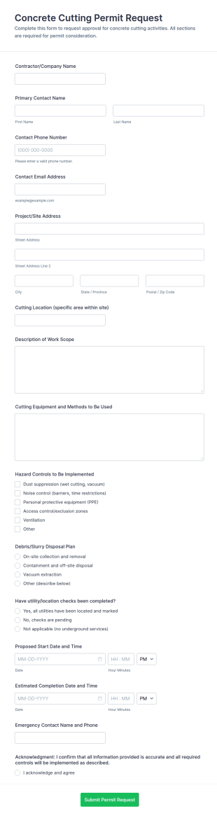 Concrete Cutting Permit Application Form Template