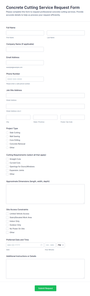Concrete Cutting Service Request Form Template