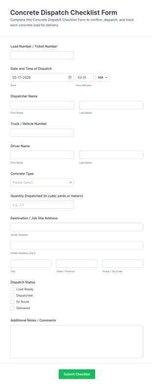 Concrete Dispatch Checklist Form Template