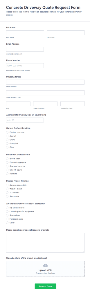 Concrete Driveway Quote Request Form Template