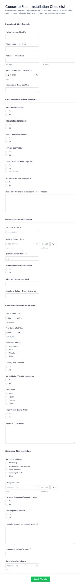 Concrete Floor Installation Checklist Form Template