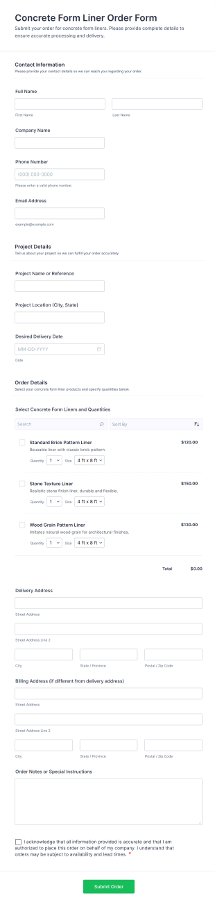 Concrete Form Liner Order Form