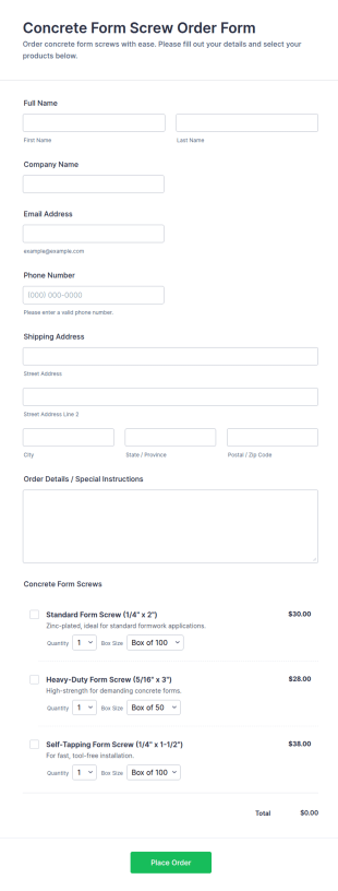 Concrete Form Screw Order Form