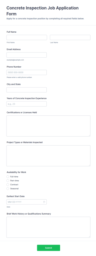 Concrete Inspection Job Application Form Template