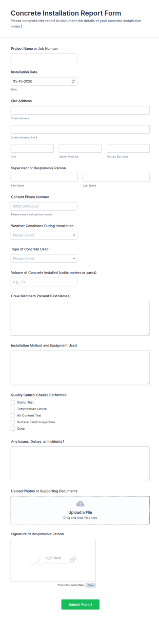 Concrete Installation Report Form Template
