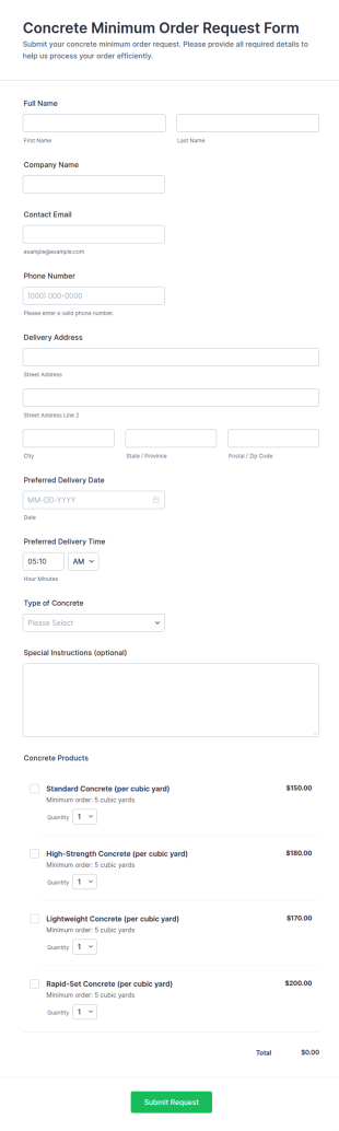 Concrete Minimum Order Request Form Template