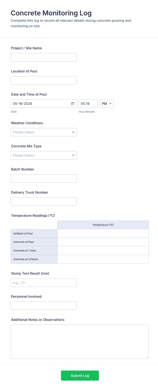 Concrete Monitoring Log Form Template