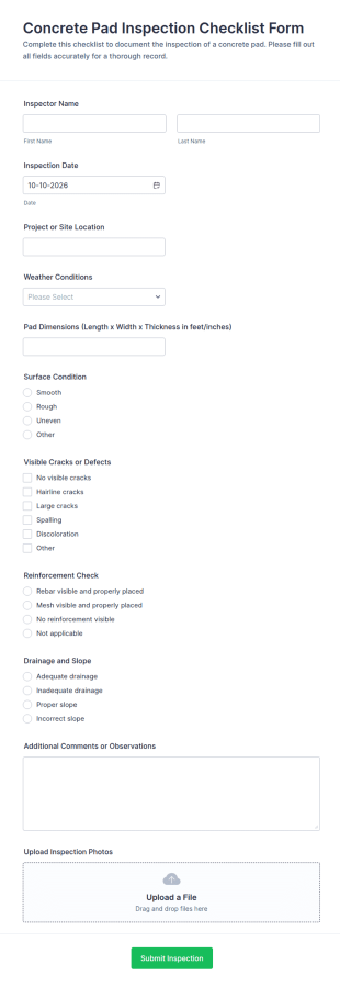Concrete Pad Inspection Checklist Form Template