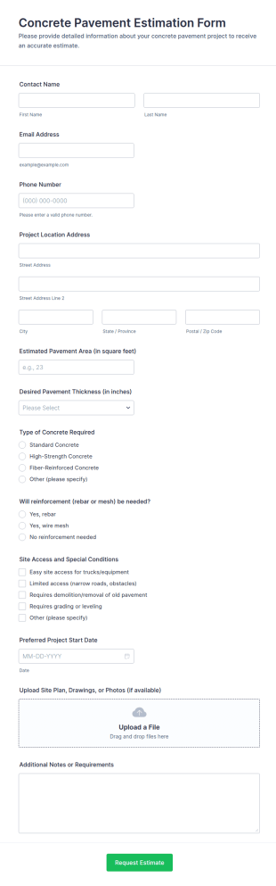 Concrete Pavement Estimation Form Template