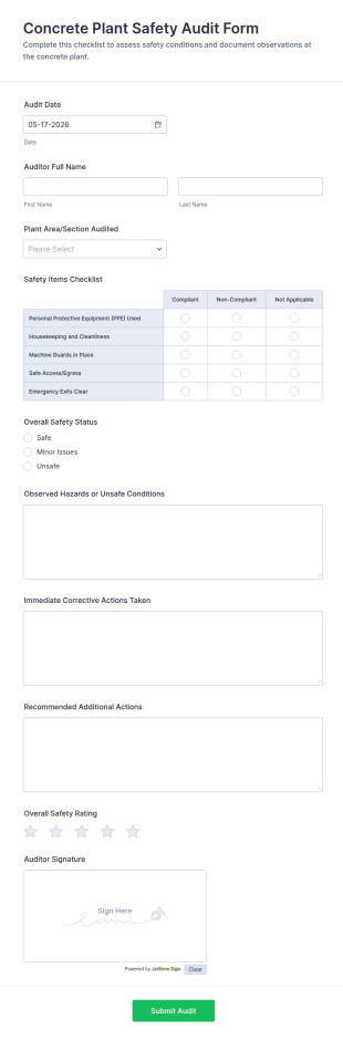 Concrete Plant Safety Audit Form Template