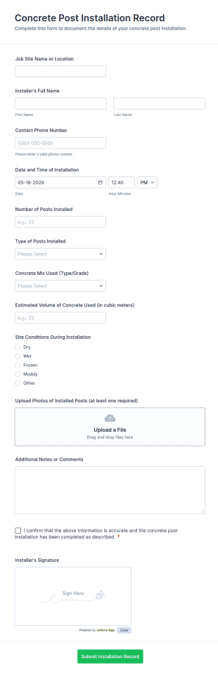 Concrete Post Installation Record Form Template