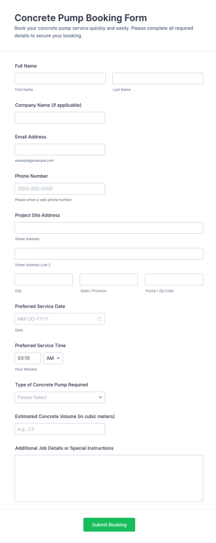Concrete Pump Booking Form Template