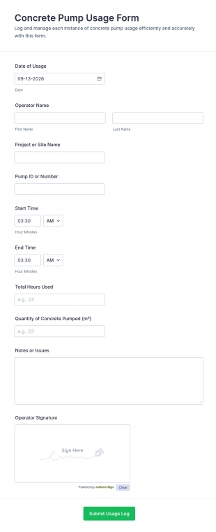 Concrete Pump Usage Form Template