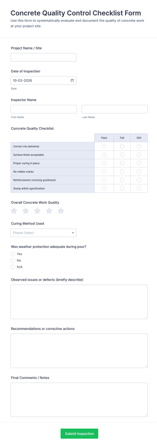 Concrete Quality Control Checklist Form Template