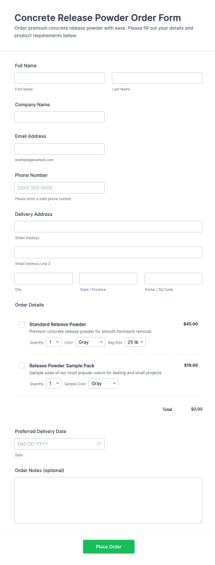 Concrete Release Powder Order Form Template