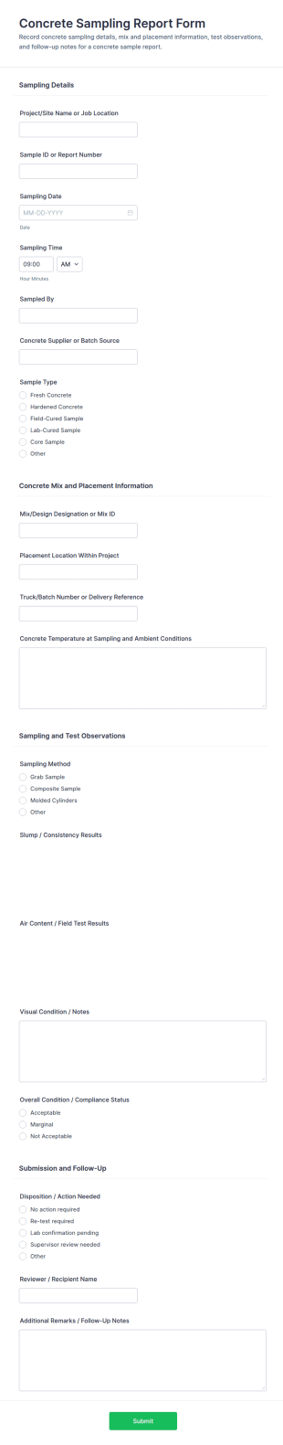 Concrete Sampling Report Form Template
