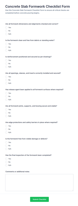 Concrete Slab Formwork Checklist Form Template
