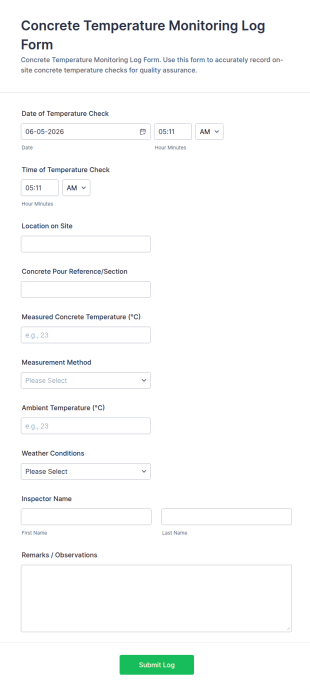 Concrete Temperature Monitoring Log Form Template