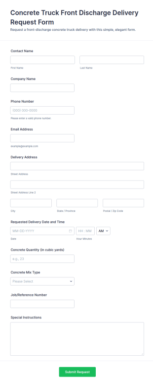 Concrete Truck Front Discharge Delivery Request Form Template