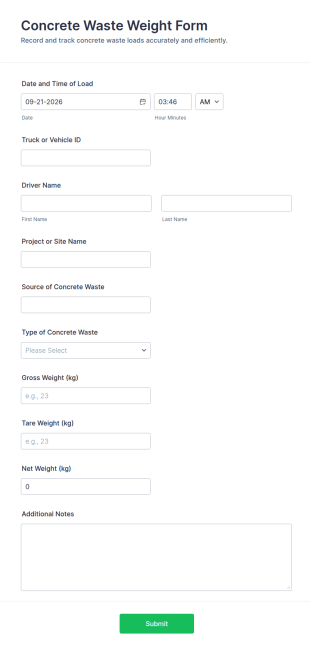 Concrete Waste Weight Form Template