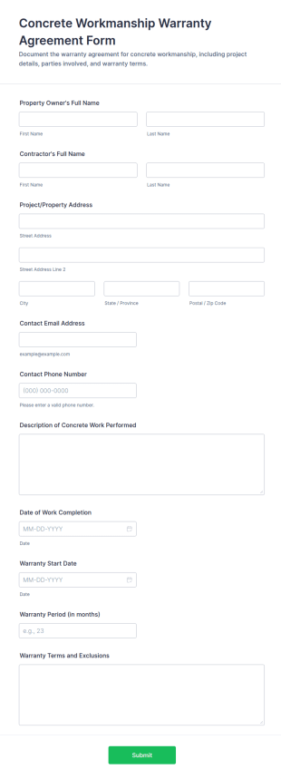 Concrete Workmanship Warranty Agreement Form Template