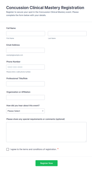 Concussion Clinical Mastery Registration Form Template