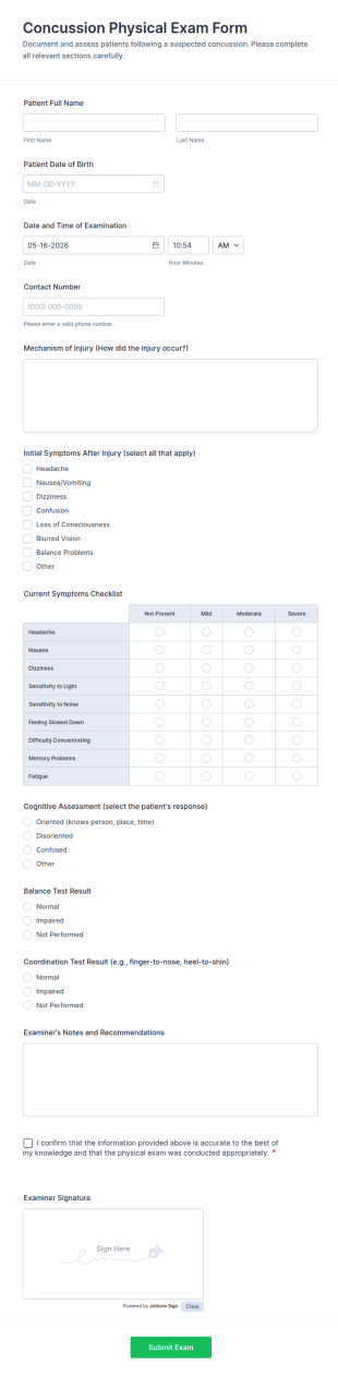 Concussion Physical Exam Form Template