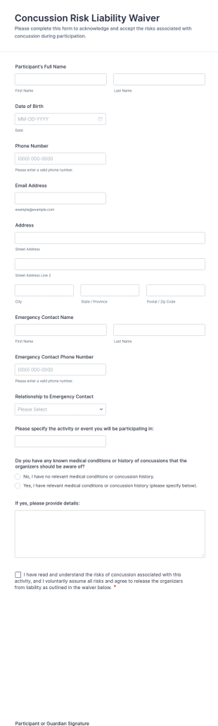 Concussion Risk Liability Waiver Form Template