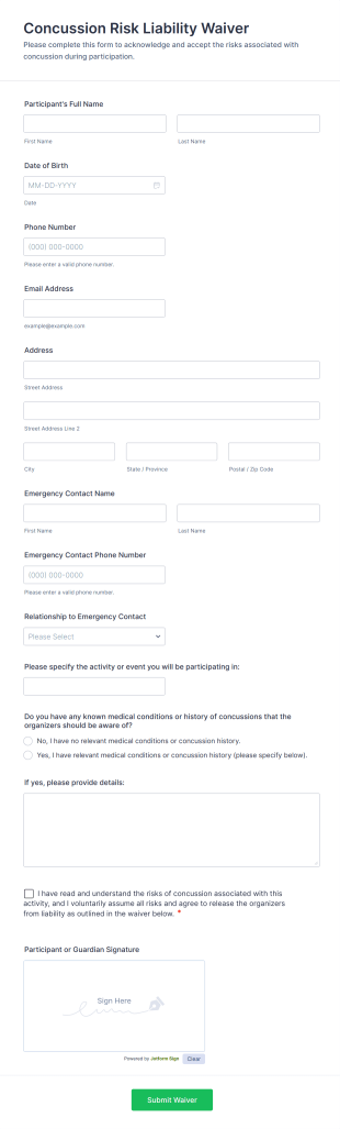 Concussion Risk Liability Waiver Form Template
