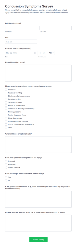 Concussion Symptoms Survey Form Template