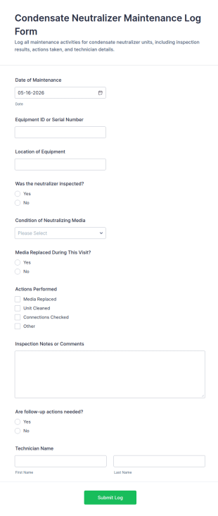 Condensate Neutralizer Maintenance Log Form Template