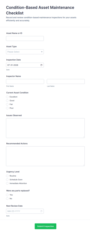 Condition Based Asset Maintenance Checklist Form Template