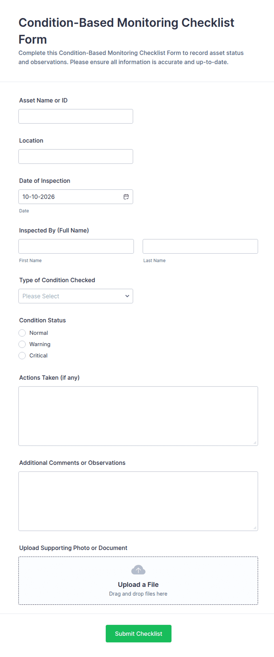Condition-Based Monitoring Checklist Form Template | Jotform
